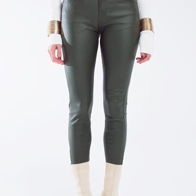 leatherette effect super skinny pants in olive green