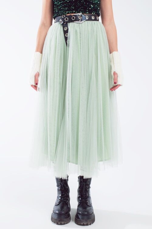 Green tulle midi skirt with elastic waist