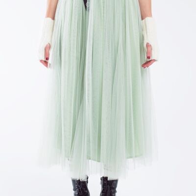 Green tulle midi skirt with elastic waist