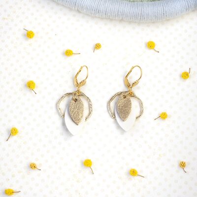 Hoops and Sequins earrings - golden and white leather