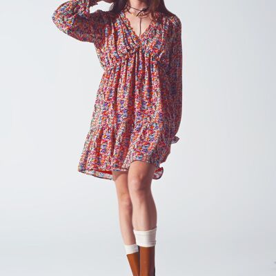 Floral V Neck Mini Dress in Multicolour