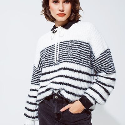 Fluffy  Crew Neck Sweater With thin Black Stripes in White