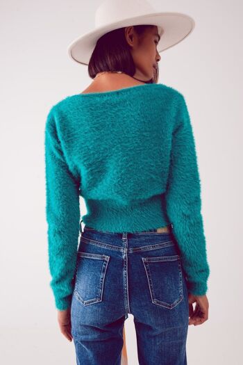 Pull en maille duveteux à col en V vert 2