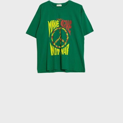 green short sleeve t-shirt with Make love not war logo
