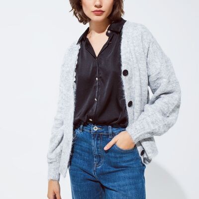 Grauer Cardigan mit tiefem V-Ausschnitt und Spitzendetail