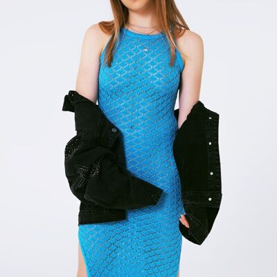 Halter Crochet Midi Dress in Blue