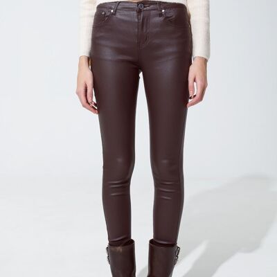 leatherette effect super skinny pants in dark brown