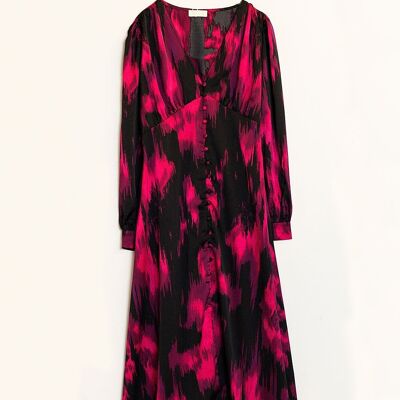 Long printed buttoned dress with V-neck