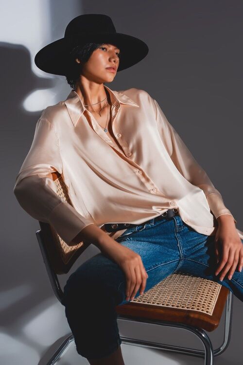 Long sleeve satin button front shirt in beige