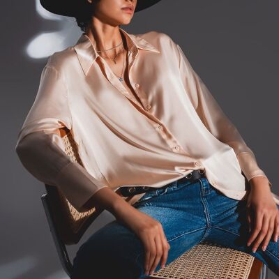 Long sleeve satin button front shirt in beige