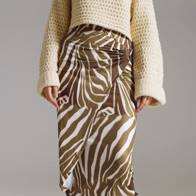 Wrap skirt with gathered detail at the side in Olive Green and Cream Zebra Print