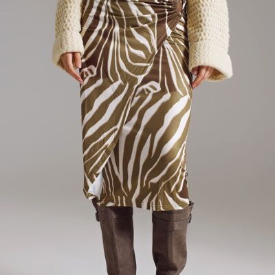 Wrap skirt with gathered detail at the side in Olive Green and Cream Zebra Print