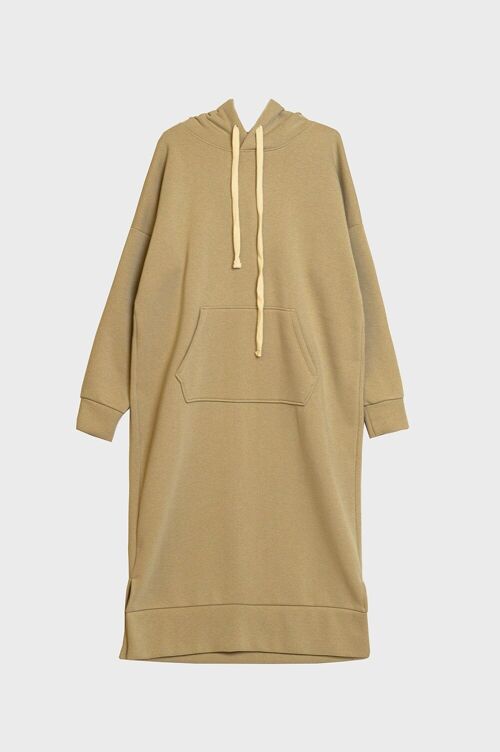 Long sleeved hoodie dress with side slit in beige