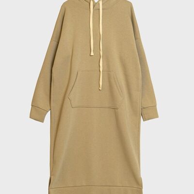 Long sleeved hoodie dress with side slit in beige