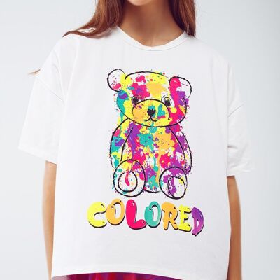 T-shirt bianca ampia con orsetto colorato