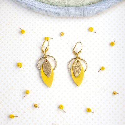 Creoles and Sequins earrings - golden and yellow leather