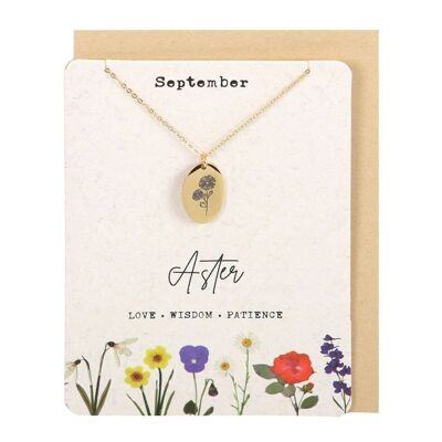 September-Aster-Geburtsblumen-Halsketten-Karte