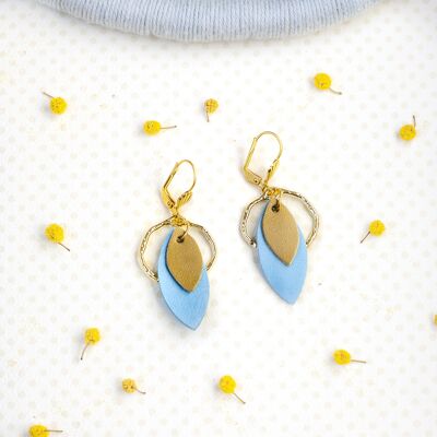 Creoles and Sequins earrings - bronze and cyan blue leather