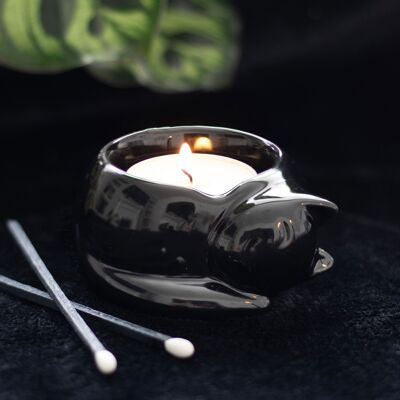 Teelichthalter aus Keramik mit schwarzer Katze