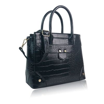 Bolso de hombro Katy de piel vegana negra con efecto cocodrilo