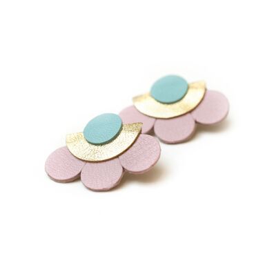 Big Flowers stud earrings - pink gold blue leather