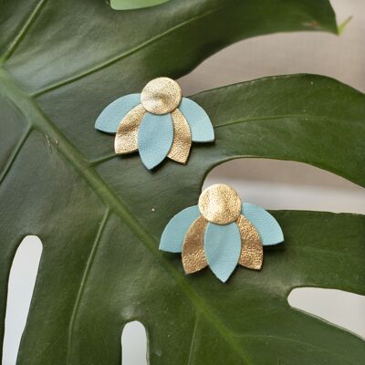 Large Lotus Flowers stud earrings - blue and gold leather