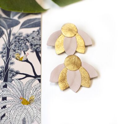 Large Lotus Flowers stud earrings - pink and gold leather