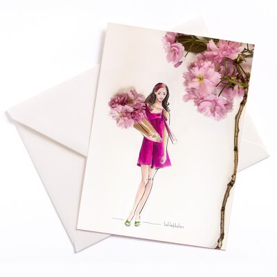 Ramo de flores de cerezo - tarjeta con núcleo de color y sobre | 004