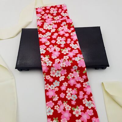 MUSUBI WAGARA Cinturón reversible de algodón japonés con estampado Sakura rojo - hecho en Francia