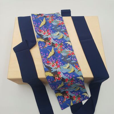 MUSUBI WAGARA Cinturón reversible de algodón japonés con estampado de grulla azul - hecho en Francia