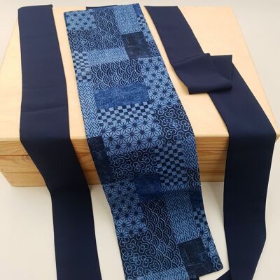 MUSUBI WAGARA    Ceinture en coton japonais réversible motif Empiècement bleu - fabriquée en France