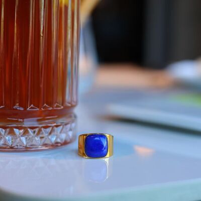 Bold Look Square Gem Ring - Genuine Lapis Lazuli - adjustable