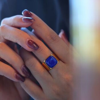 Bague gemme carrée au look audacieux - Véritable Lapis Lazuli - réglable 2