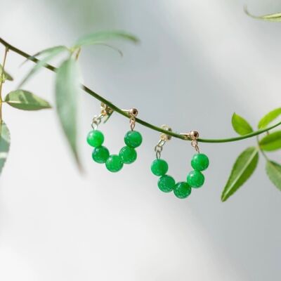 Cute Jade Beads Small Flower Hoop Earrings - Gold Vermeil