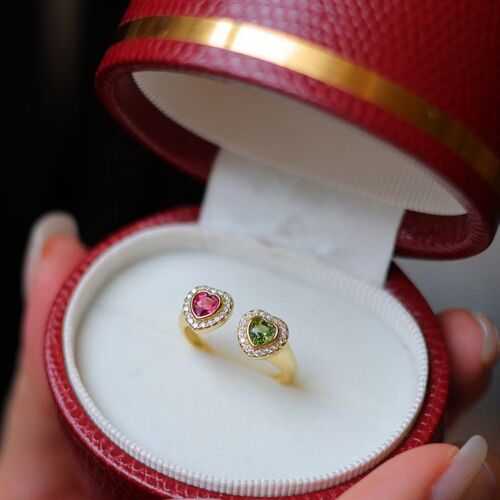 Double Heart Gold Vermeil Ring - Pink n Green Tourmaline - Adjustable