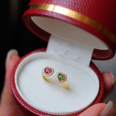 Anello in oro vermeil con doppio cuore - Tormalina rosa e verde - Regolabile