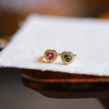 Bague Double Coeur Or Vermeil - Tourmaline Rose n Verte - Ajustable 5