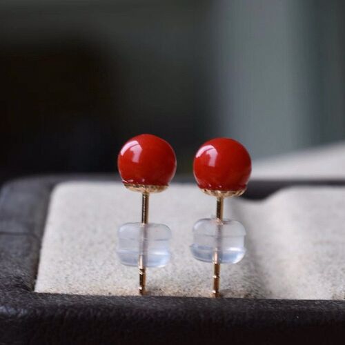 Timeless Red Coral Ball Ear Studs-18K Gold