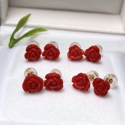 Timeless Red Coral Rose Flower Ear Studs-18K Gold