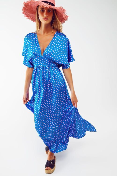Maxi Cinched At The Waist Dress With Angel Sleeves In Blue Polka Dot