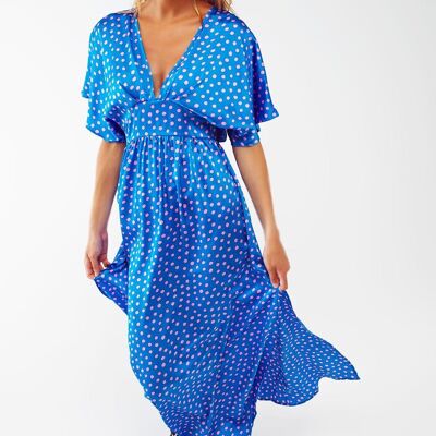Maxi Cinched At The Waist Dress With Angel Sleeves In Blue Polka Dot