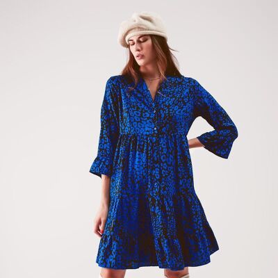 Tiered mini smock dress in blue animal print