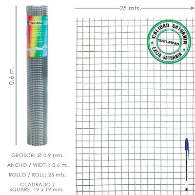 Galvanized Light Electrowelded Mesh 19x19 Height 60 cm. Roll 25 Meters Domestic Use