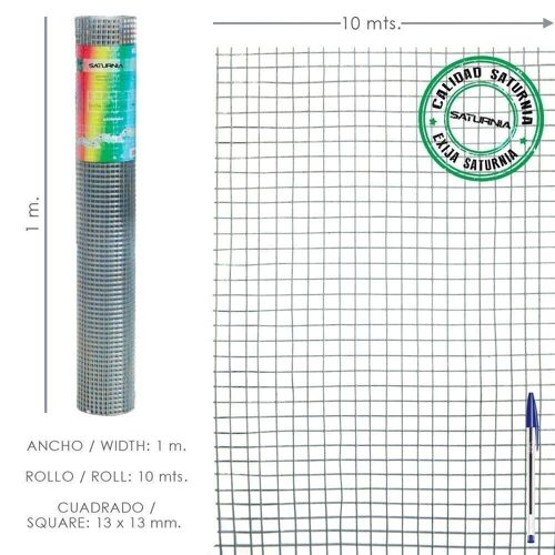 Malla Electrosoldada Galvanizada 13x13 / Altura 100 cm. Rollo 10 Metros. Uso Domestico