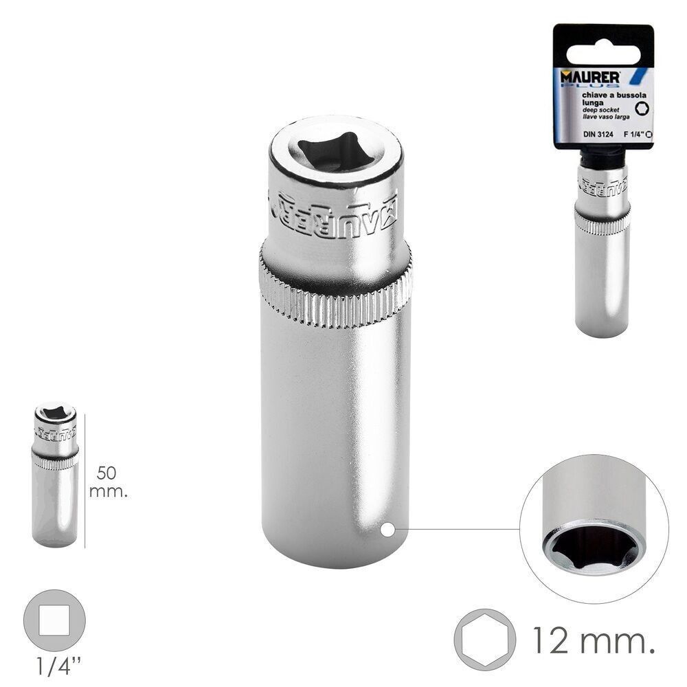 Langer Steckschlüssel 1/4" / 12 mm. Sechseckig. /Länge 50mm. Hergestellt aus Chrom-Vanadium-Stahl