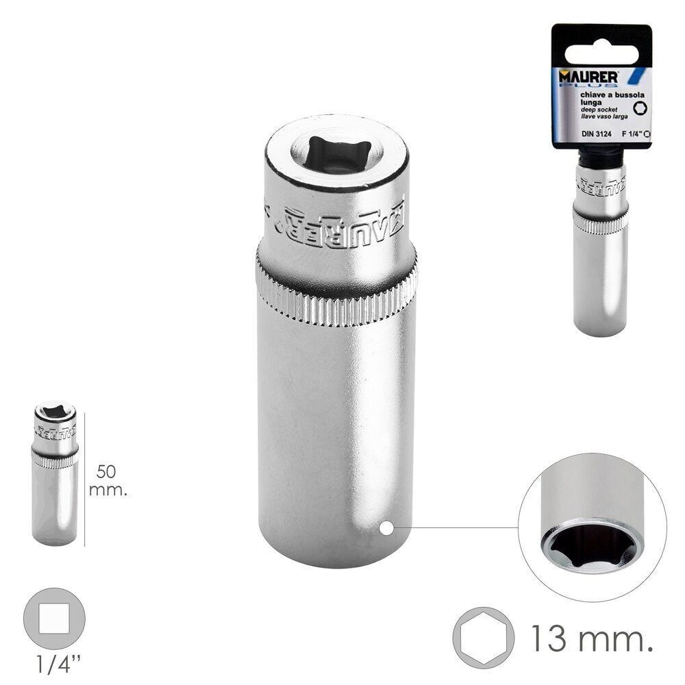 Langer Steckschlüssel 1/4" / 13 mm. Sechseckig. /Länge 50mm. Hergestellt aus Chrom-Vanadium-Stahl