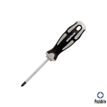 Tournevis Pozidriv S2 en acier, manche TPR bi-matière. Mesure PZ 1 x " 5 x 75 mm.  DIN5262.