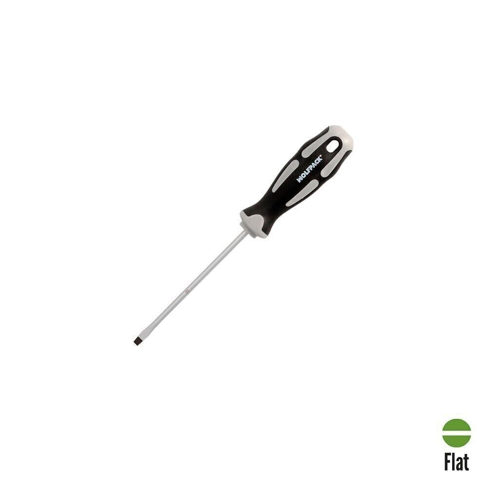 Flacher Schraubendreher mit S2-Stahlprägung, Griff aus TPR aus Bimaterial. Maße: 0,8 x 4,0 x 100 mm. DIN5265