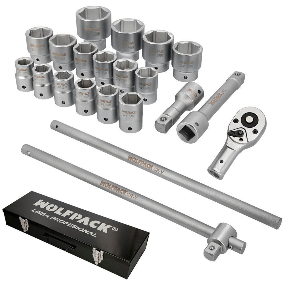 Set chiavi a bussola in acciaio al cromo vanadio con 21 pezzi 3/4" Plus con valigetta.