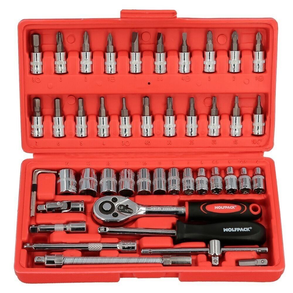 Set di bussole e punte da 1/4" 46 pezzi.  Con Apadtator. Cromo vanadio, kit chiavi combinate, kit cricchetto, set chiavi a bussola